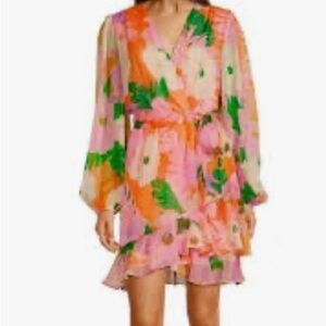 Alex Marie Pink Floral Wrap Mini Dress with Green & Orange Print